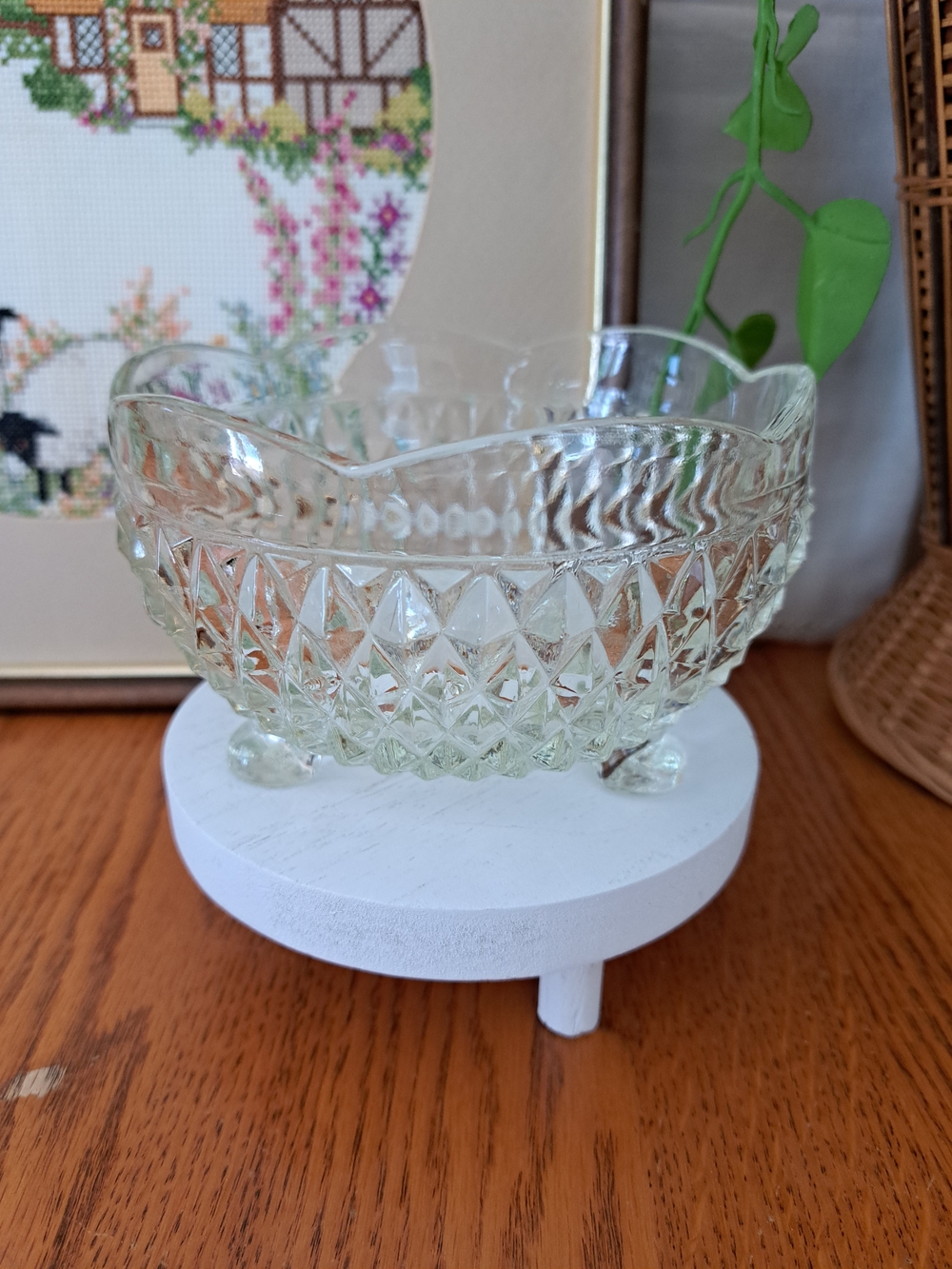 Vintage Indiana Glass Clear Glass Diamond-Pattern Footed Candy Dish